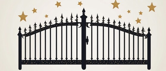 A decorative black iron gate with gold stars above it