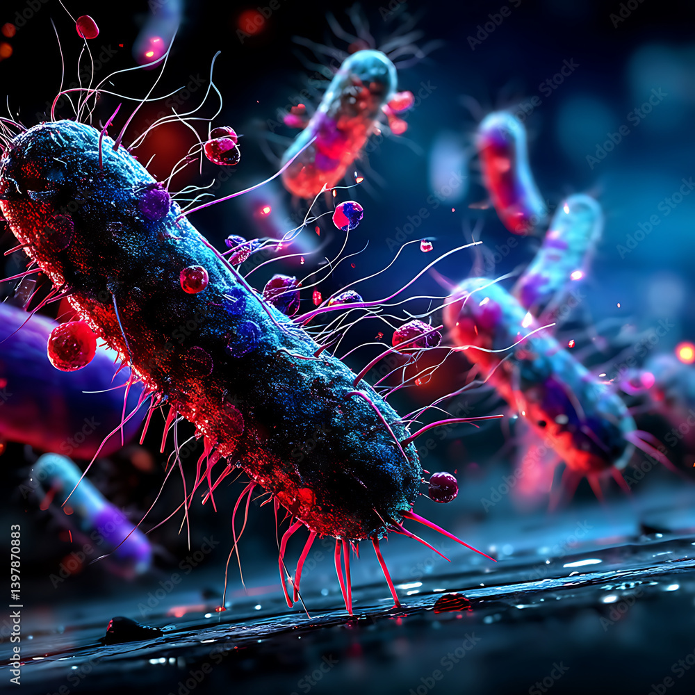 Poster realistic image of multiplying bacteria showcases vibrant colors and intricate details, highlighting