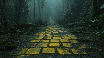 Overgrown yellow brick road disappearing into a misty, dark forest