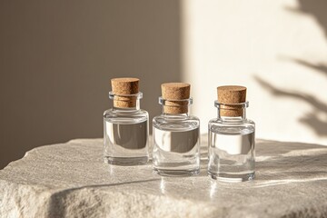 Elegant glass bottles filled with clear liquid, accented by wood
