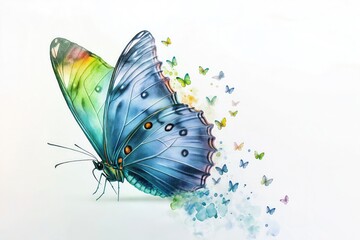 A vivid watercolor butterfly with a spectrum of blue and green tones, with tiny butterflies rising from its wings, leaving a trail of pastel colors.