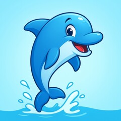 Obraz premium Happy Cartoon Dolphin Jumping in Bright Blue Ocean Splashing Water