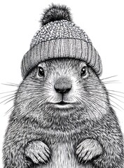 Monochrome Illustration of Rodent Wearing Knitted Winter Hat