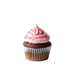 a close-up studio shot of a chocolate cupcake with pink frosting and sprinkles against a clean white background.