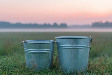 Rustic metal buckets sit on lush grass, illuminated by soft morn