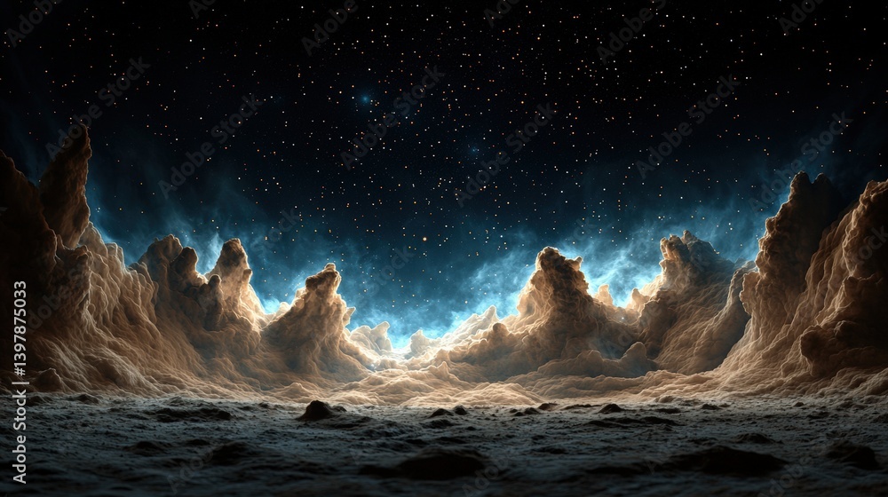 Poster a breathtaking cosmic landscape featuring towering clouds illuminated by starlight, creating a surre