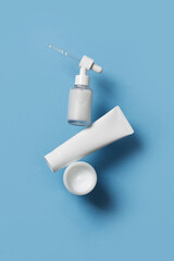 Set bottle and tube cosmetic with cream, oil and serum