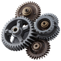 Interlocking Gears on Transparent Background, a closeup of vintage cogwheels representing teamwork, engineering, and mechanical concepts