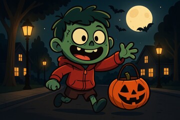 Playful Zombie Boy with Pumpkin Bucket on Halloween Night Under the Moonlight