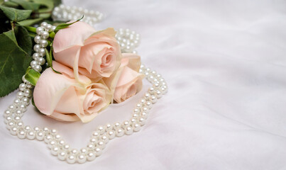 The branch of pink rose on white fabric background
