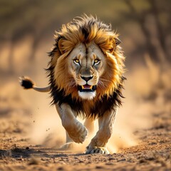 A lion in motion on dry savanna plains