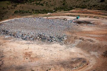 Aerial view of a large landfill site with waste and debris, Pula, Istria, Croatia.