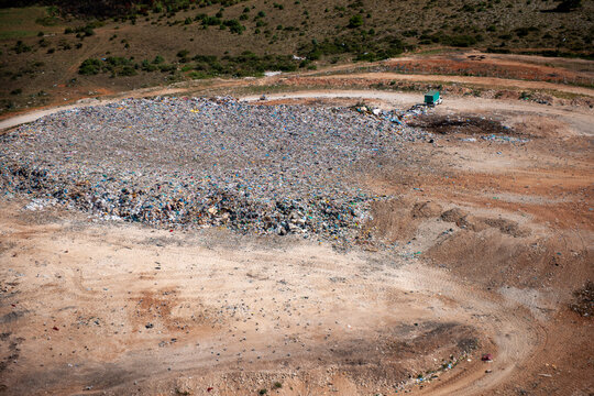 Aerial view of a large landfill site with waste and debris, Pula, Istria, Croatia.