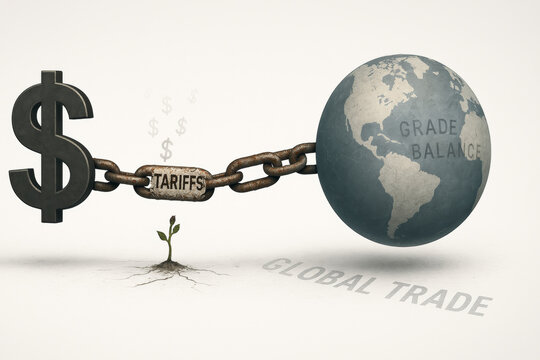 globe and dollar sign are linked by chain labeled tariffs symbolizing trade barriers affecting global trade balance