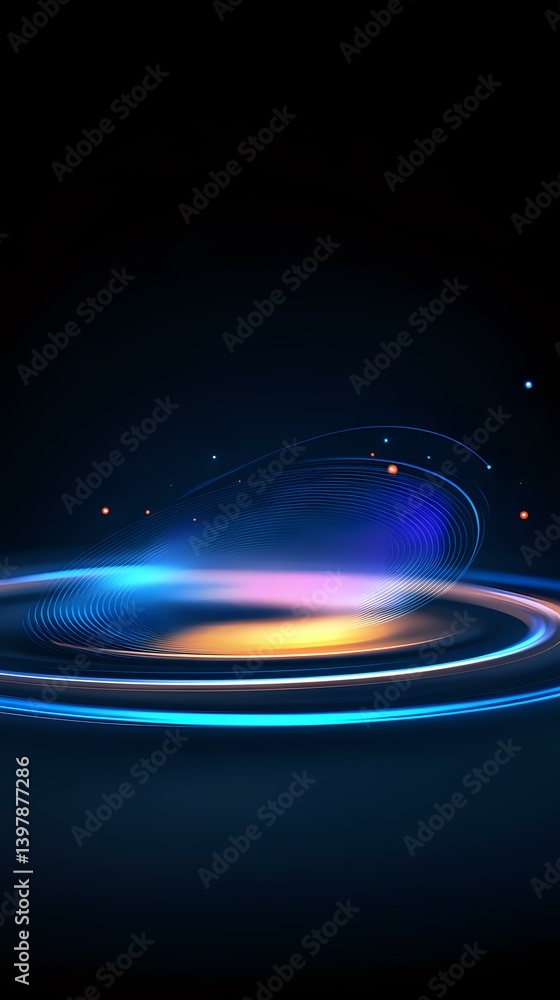 Poster abstract glowing spiral light trails with blue, pink and orange colors against dark background creat