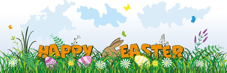 Happy Easter, greeting inscription, rabbit and Easter eggs in the grass. Large letters in herbs and flowers. Easter composition, vector illustration.