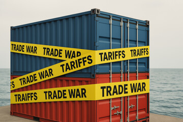 Obraz premium shipping container wrapped in yellow tape labeled TRADE WAR and TARIFFS symbolizes global trade barriers