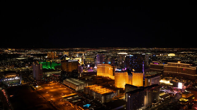 Las Vegas, United States - 11 March 2025: Aerial view of beautiful cityscape with modern buildings and vibrant lights, Las Vegas Boulevard, Las Vegas, Nevada, United States.