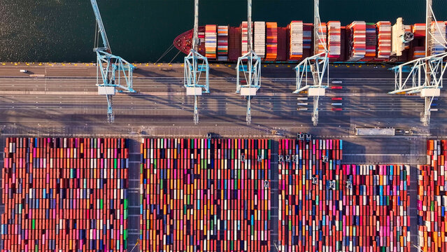 Aerial View of Long Island port harbor, in Los Angeles, USA.