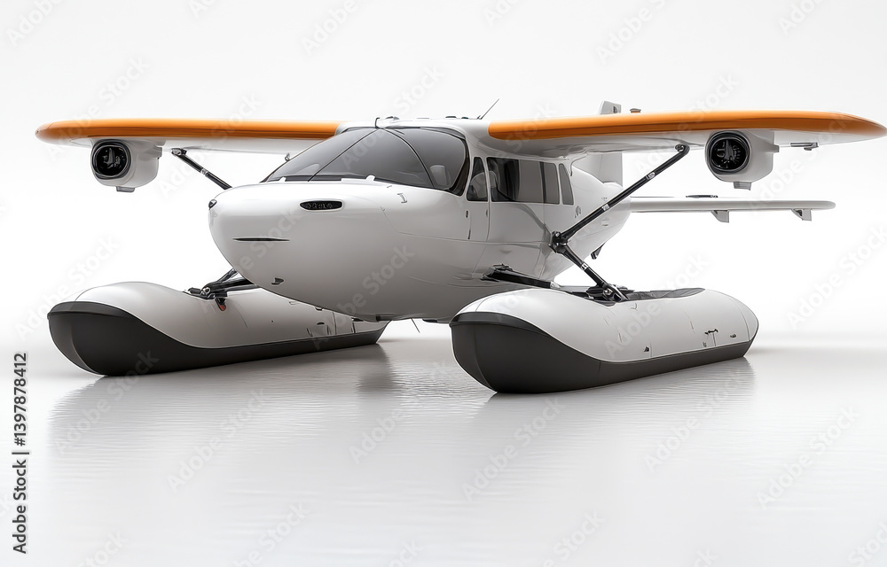 Poster high-quality image of modern floatplane isolated on white background featuring detailed design and a