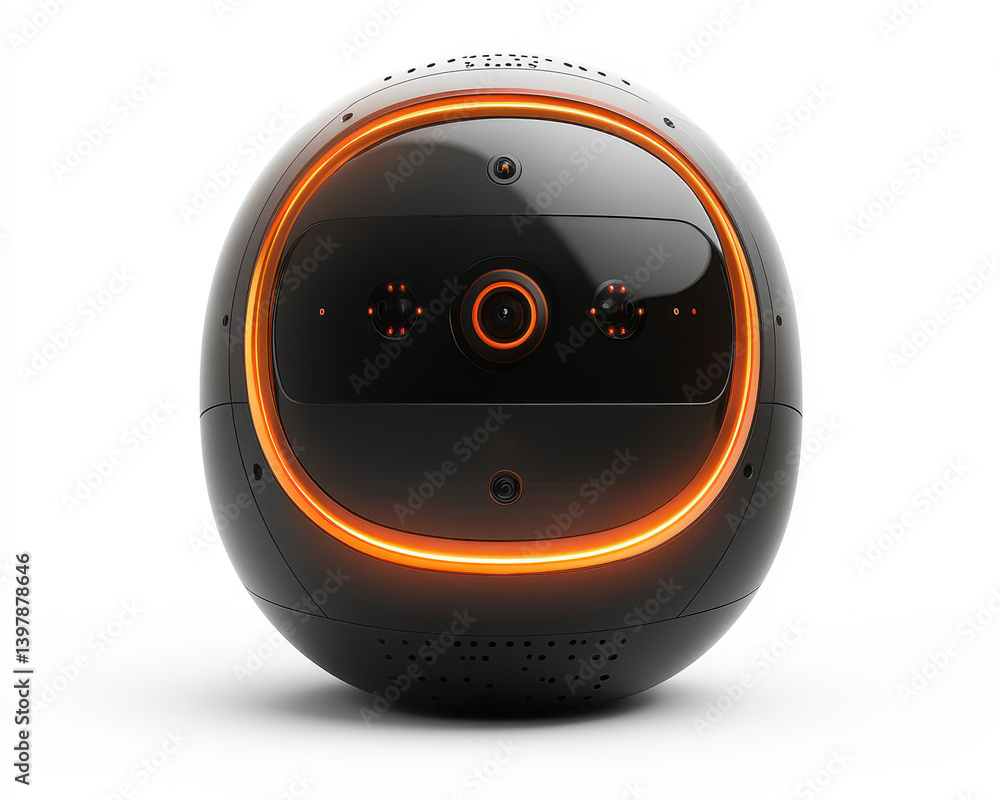Poster futuristic smart device with illuminated surface display and camera array on white background