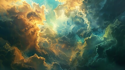 Fototapeta premium The image is a beautiful depiction of a stormy sky. The dark clouds are lit up by the bright sunlight, creating a dramatic and awe-inspiring scene.