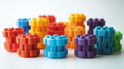Naklejka premium Connect Toys Colorful stacking toys arranged in a playful display, showcasing vibrant hues and shapes.