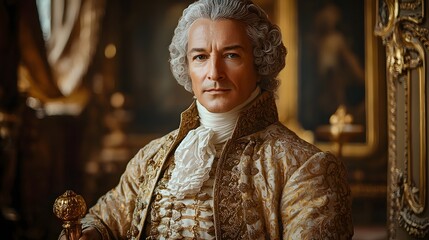 A French nobleman in ornate 18th century attire stands in a luxurious Rococo style room
