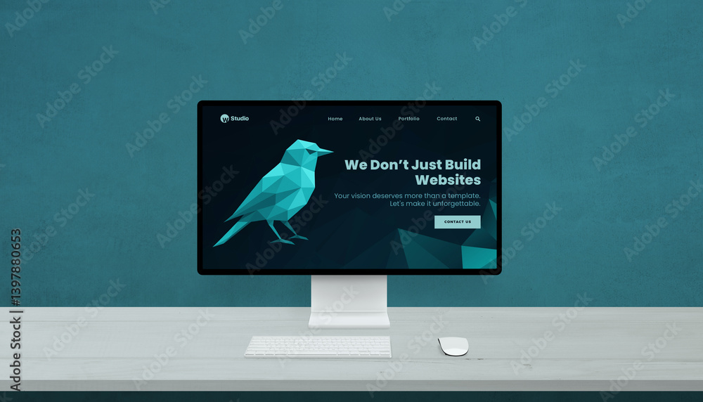 Aufkleber Desktop display featuring creative web agency design, polygon-style bird and tagline on blue interface, minimalist setup with white desk
