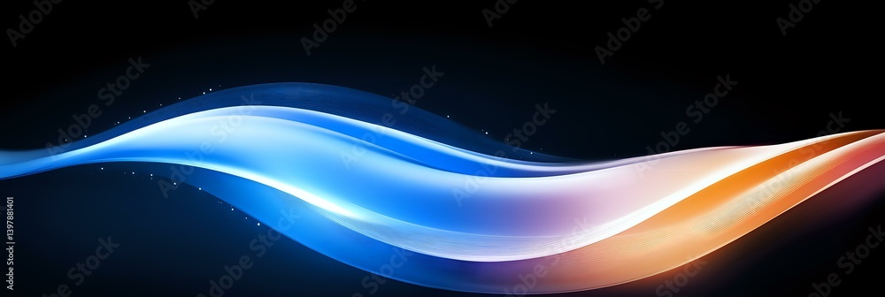 Poster glowing abstract wave with blue and orange light effect on black background, dynamic flowing energy 