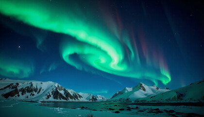 A mesmerizing display of the Aurora Borealis blankets the night sky above a serene lake and snowcovered mountains, creating a breathtaking spectacle of green lights dancing across the starry canvas