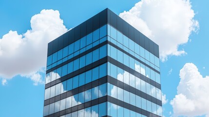 Fototapeta premium A towering black office building with glass facades reflecting clouds, professional product photography style.