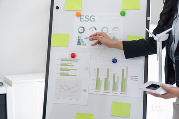 ESG Strategy Presentation and Sustainable Development. A professional discussing environmental trends in a meeting.