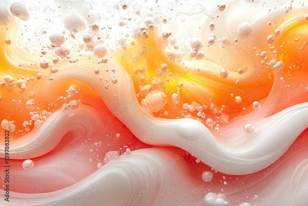 Poster abstract flowing orange & white swirls with bubbles create a vibrant and dynamic composition