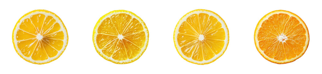 Fresh lemon and orange slices on food. Cut out png set