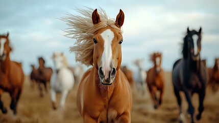 Obraz premium Palomino horse with flowing mane galloping in herd across dusty plain, leading group of wild horses running at sunset, dramatic action wildlife photography.