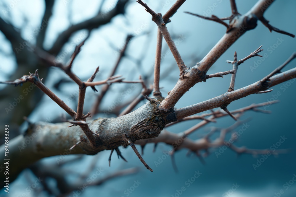 Poster close-up view of a bare tree branch against a dark and moody sky