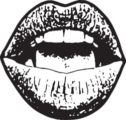vector illustration of lips, illustration features a human mouth with slightly parted lips, created in a high-contrast, black and white, hand-drawn sketch style.