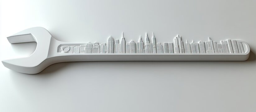 A white wrench sculpture with city buildings as an architectural design