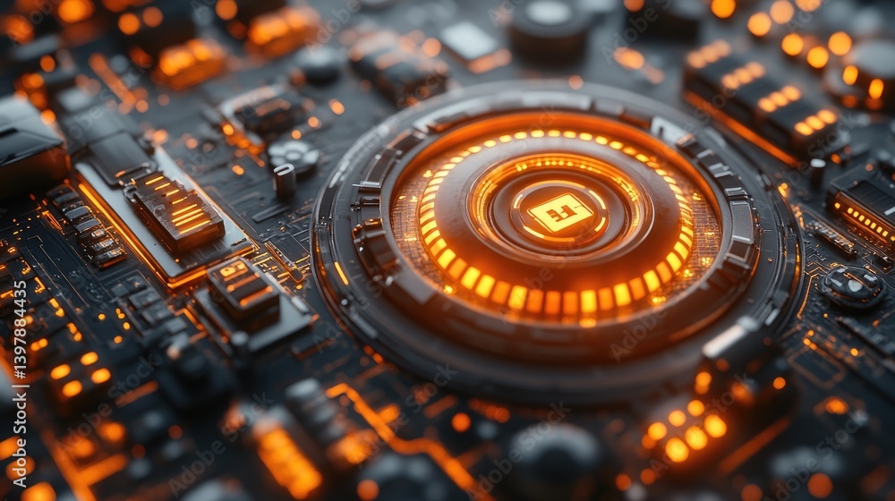 Aufkleber intricate circuit board with glowing orange lights and complex patterns