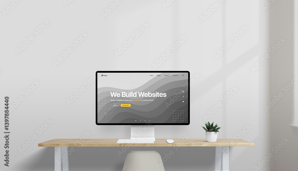Poster Modern desk setup with computer displaying a concept web design for a creative studio, 'We Build Websites' headline, plant and window in soft-lit office space