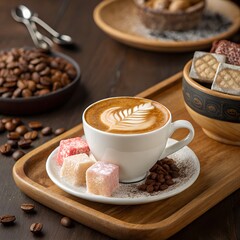 Cup of Coffee with Latte Art and Turkish Delight on Wooden Table &ndash; High-Quality Food Photography
