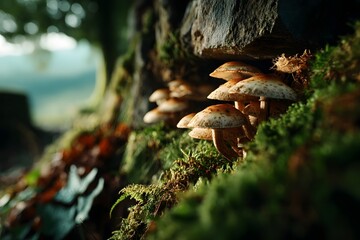 Fototapeta premium Detailed close-up of wild mushrooms on a decaying tree trunk