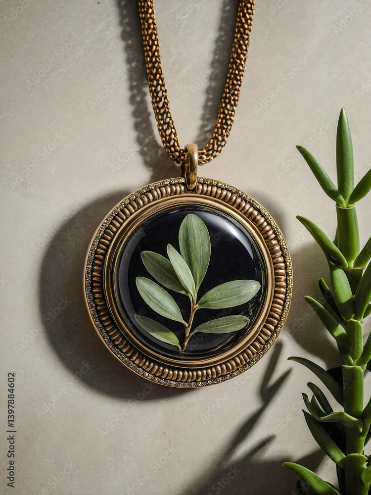 Aufkleber elegant circular pendant on a chain resting on a textured surface, exuding sophistication.modern int