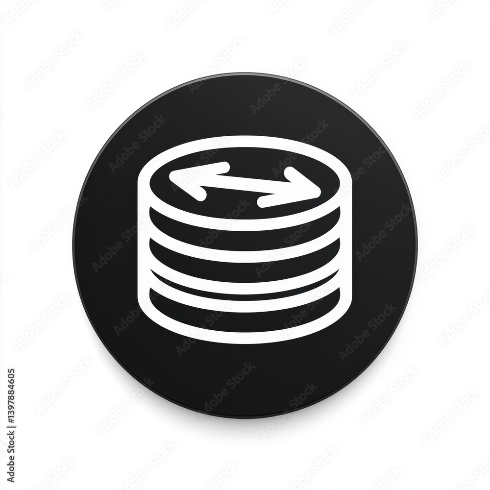Poster a circular black icon featuring a white graphic of stacked disks with horizontal arrows, symbolizing