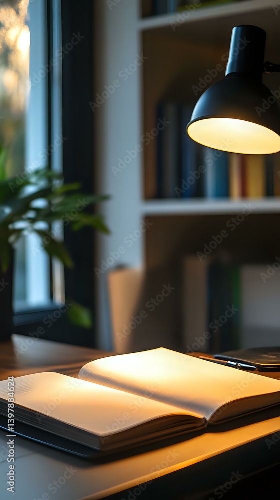 Poster open book illuminated by black desk lamp on wooden table near window with bookshelf and plant in bac
