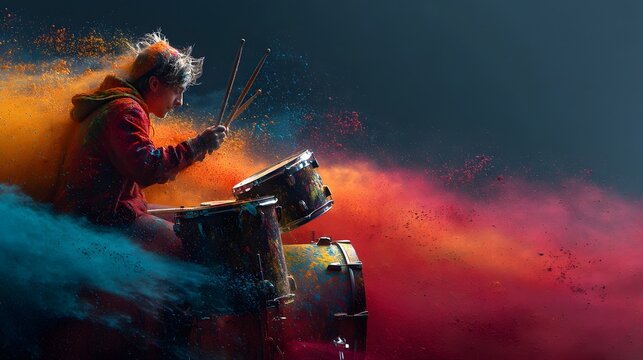 Drummer in action with exploding paint splashes