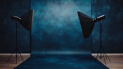 Professional Photography Studio Setup Dark Blue Background Two Studio Lights Lighting Equipment Photo Shoot Backdrop Modern Design Elegant Atmosphere 