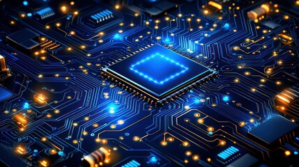 Obraz premium Glowing Blue Microchip on Circuit Board: High-Tech Innovation