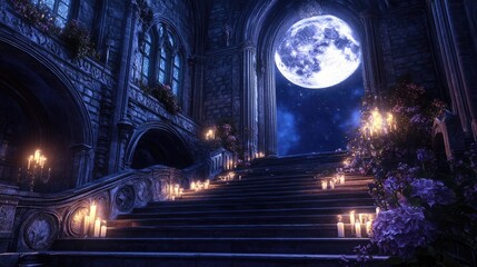 Fototapeta premium fantasy-themed scene with a grand staircase leading up to an ornate balcony